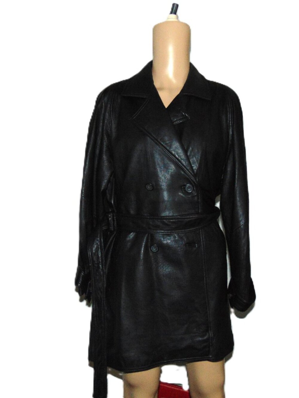 Vintage Maurices Leather Trench Coat Women's Large - Black Double Breasted Belt